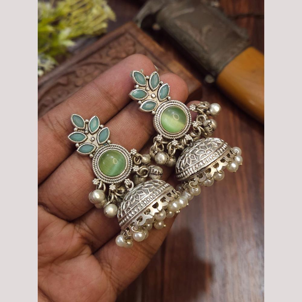 FS Collection Oxidised Plated Pota Stone Jhumki Earrings