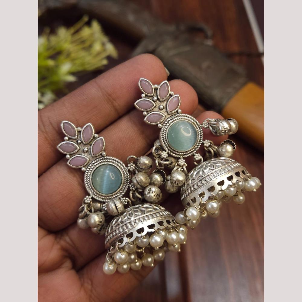 FS Collection Oxidised Plated Pota Stone Jhumki Earrings
