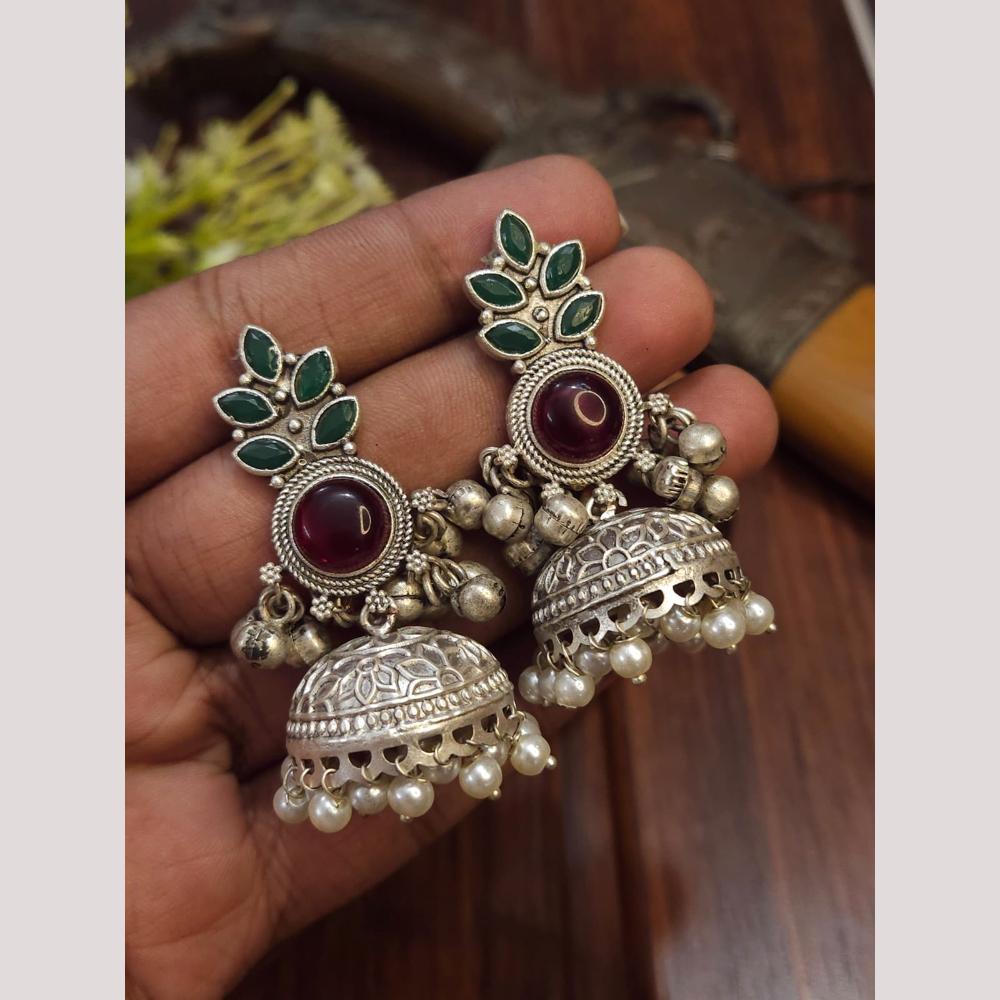 FS Collection Oxidised Plated Pota Stone Jhumki Earrings