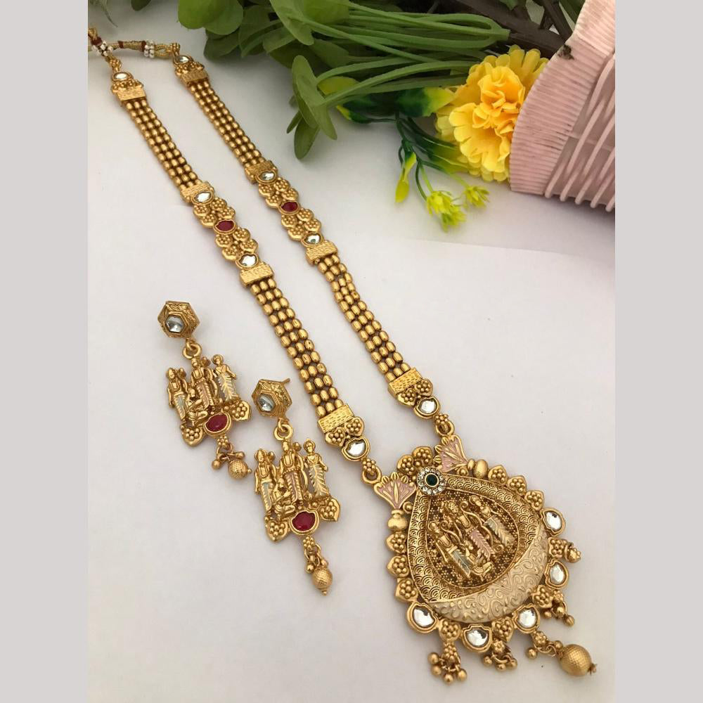FS Collection Regal Pota Stone And Pearl Detailing Temple Long Necklace Set
