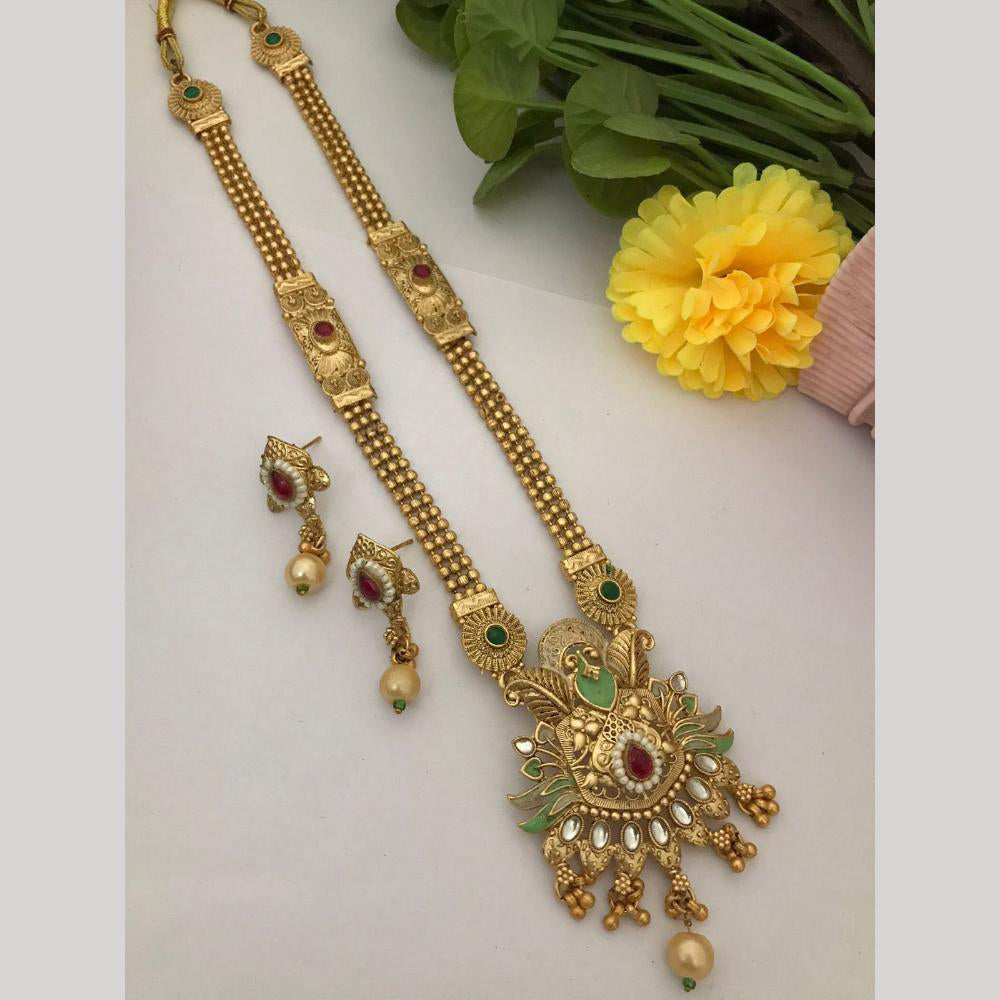 FS Collection Regal Pota Stone And Pearl Detailing Temple Long Necklace Set