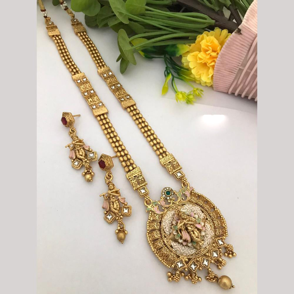 FS Collection Regal Pota Stone And Pearl Detailing Temple Long Necklace Set