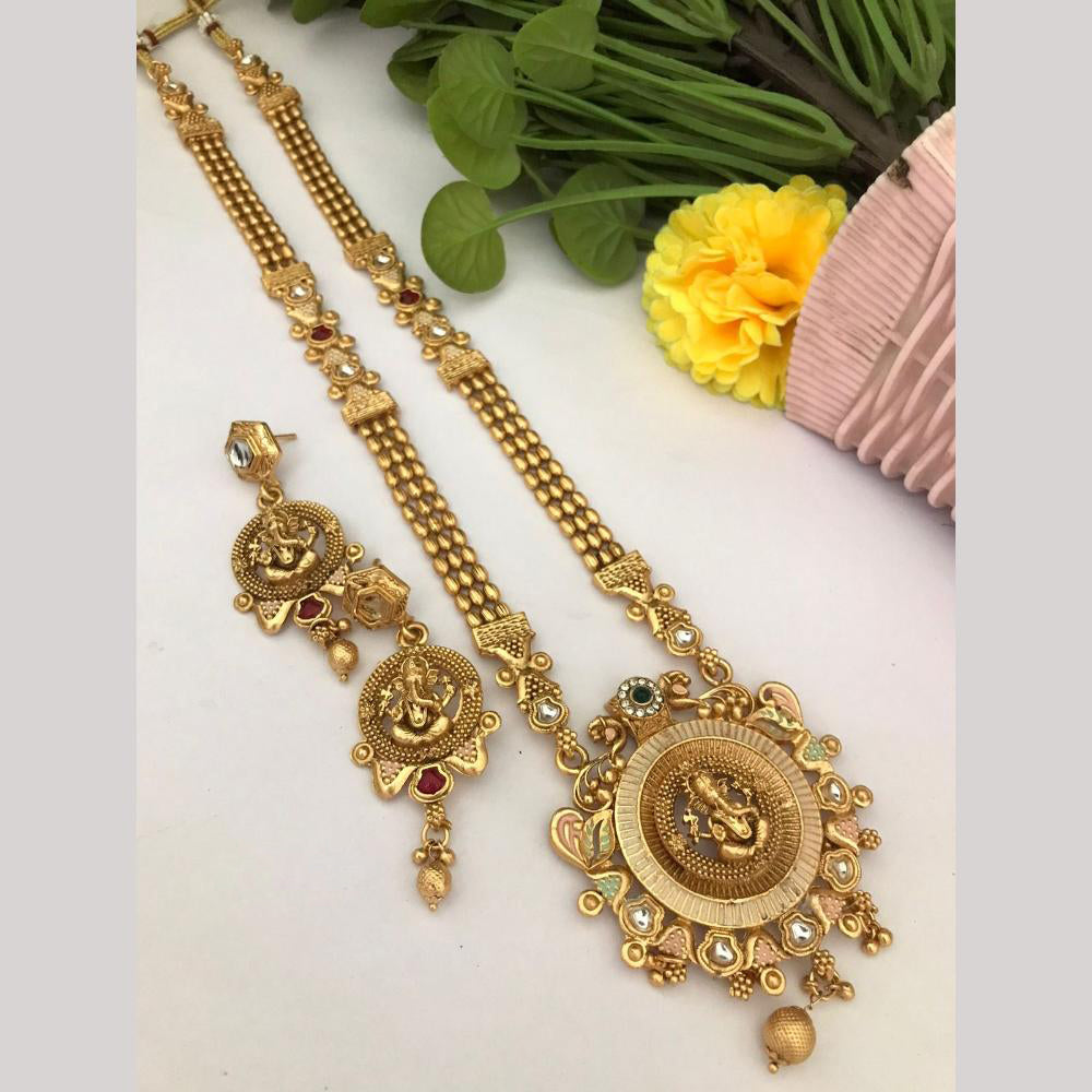 FS Collection Regal Pota Stone And Pearl Detailing Temple Long Necklace Set