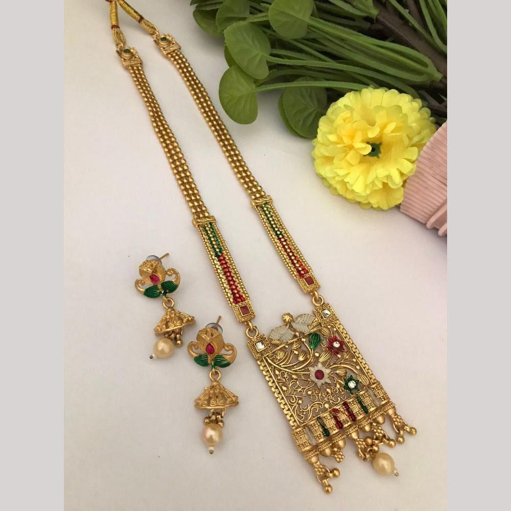 FS Collection Regal Pota Stone And Pearl Detailing Temple Long Necklace Set