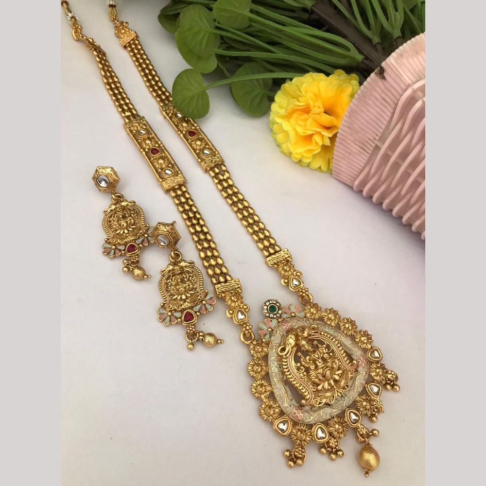 FS Collection Regal Pota Stone And Pearl Detailing Temple Long Necklace Set