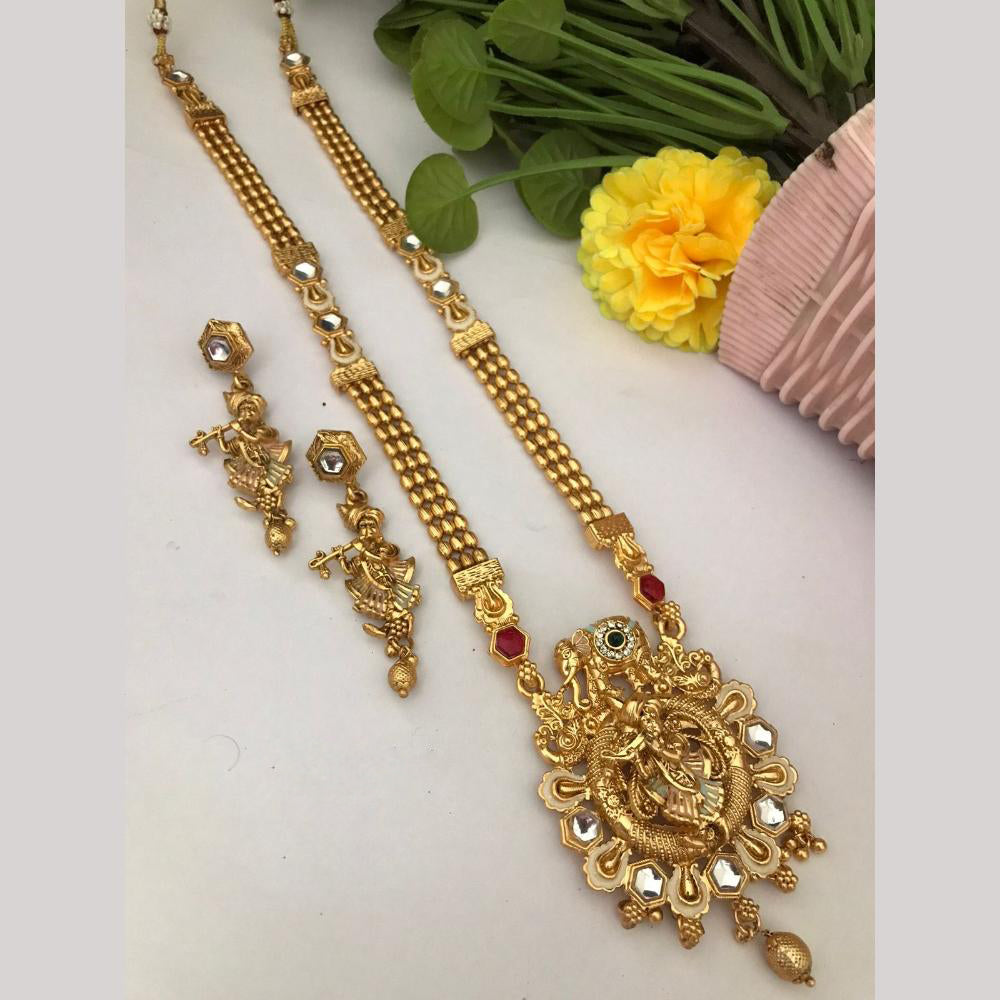 FS Collection Regal Pota Stone And Pearl Detailing Temple Long Necklace Set