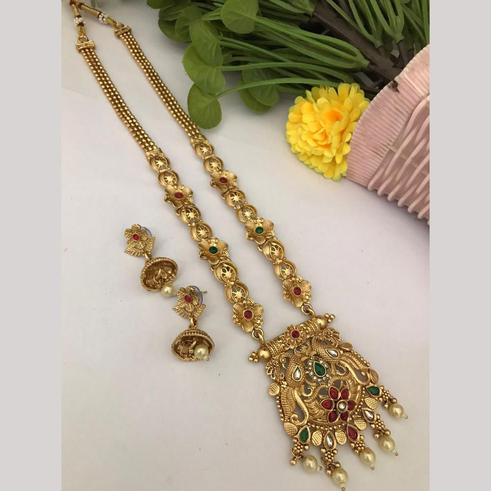 FS Collection Regal Pota Stone And Pearl Detailing Temple Long Necklace Set