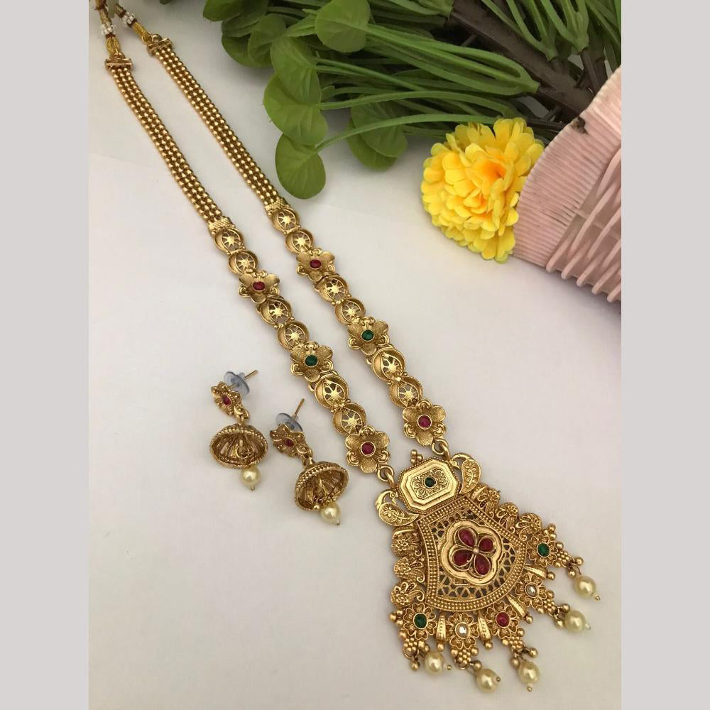 FS Collection Regal Pota Stone And Pearl Detailing Temple Long Necklace Set