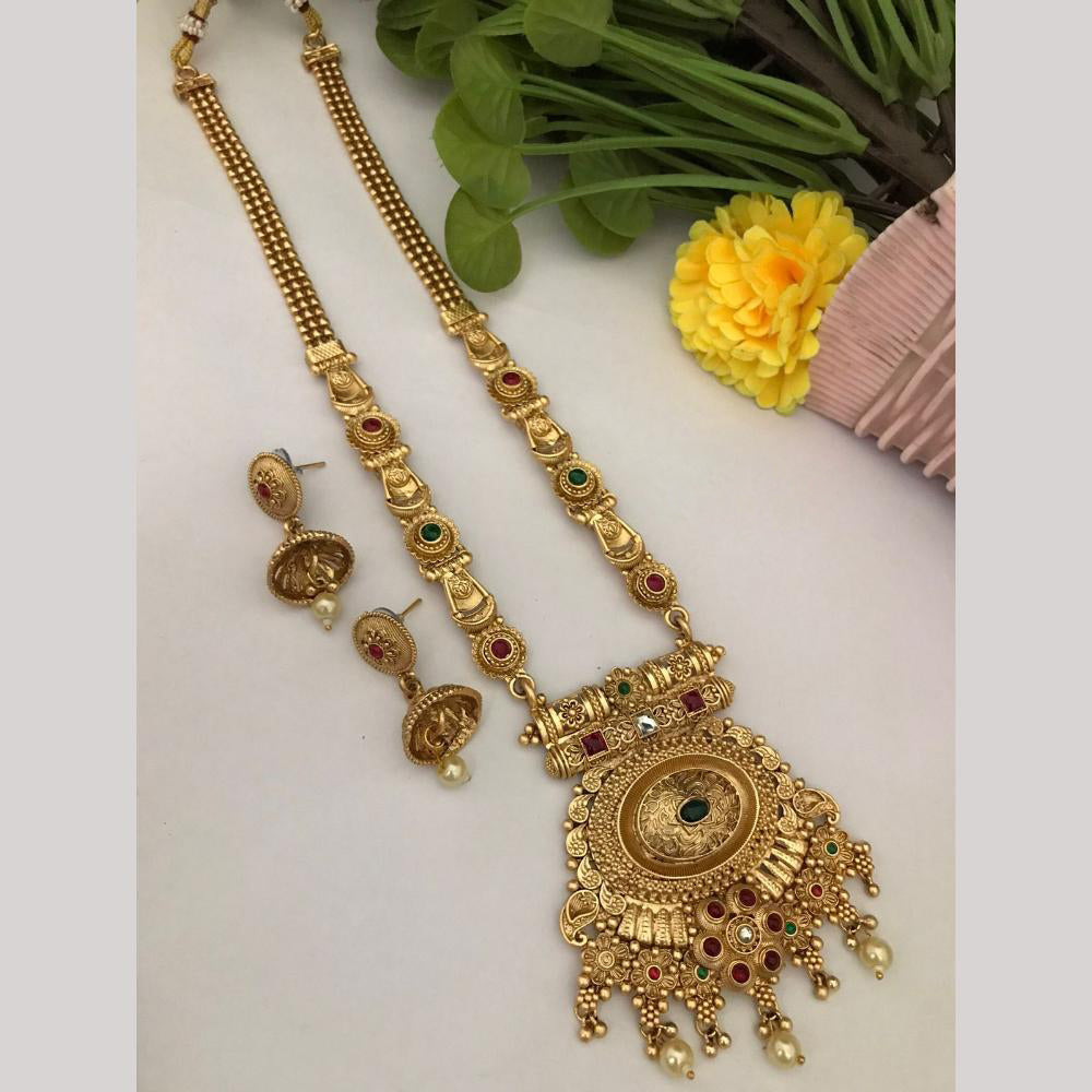 FS Collection Regal Pota Stone And Pearl Detailing Temple Long Necklace Set