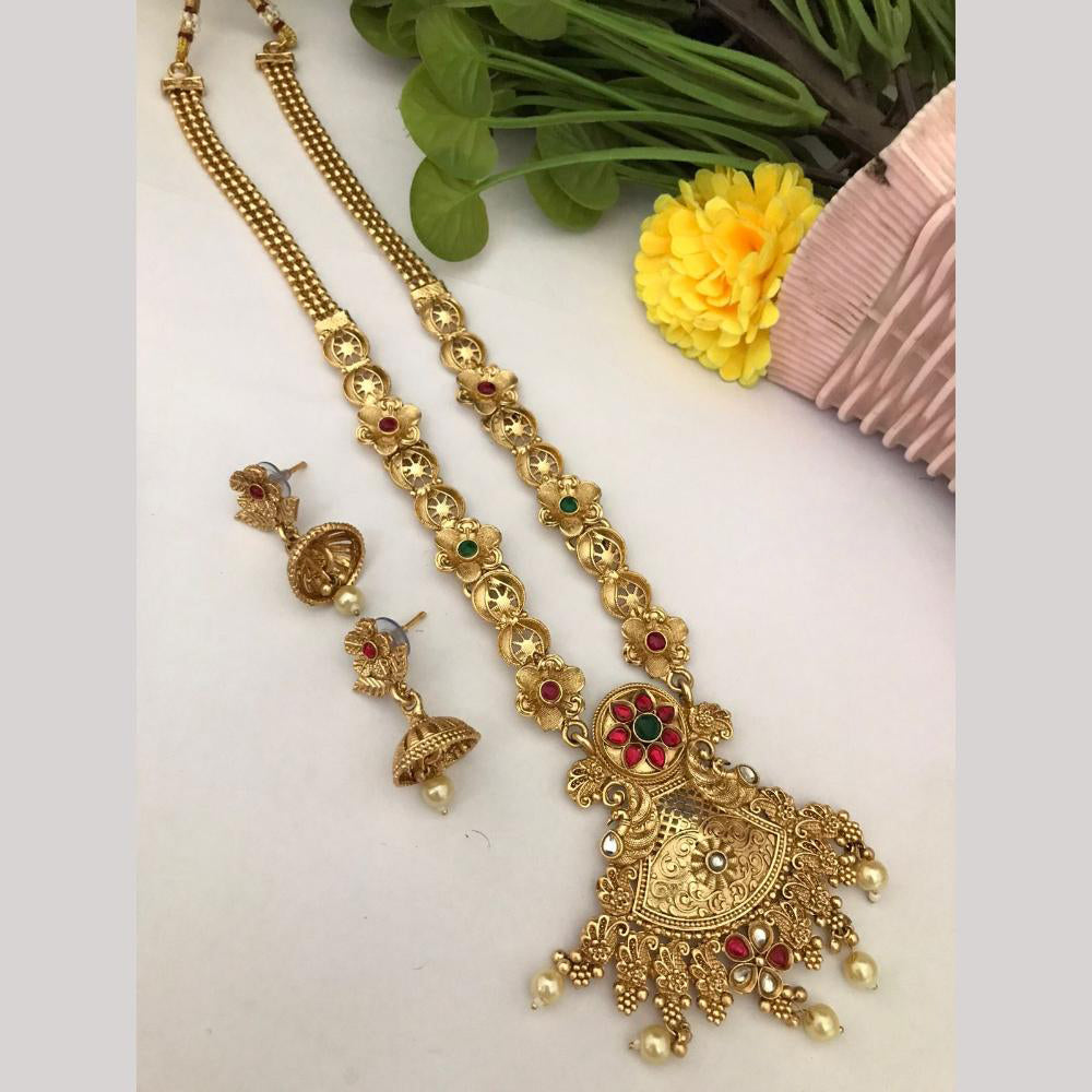 FS Collection Regal Pota Stone And Pearl Detailing Temple Long Necklace Set