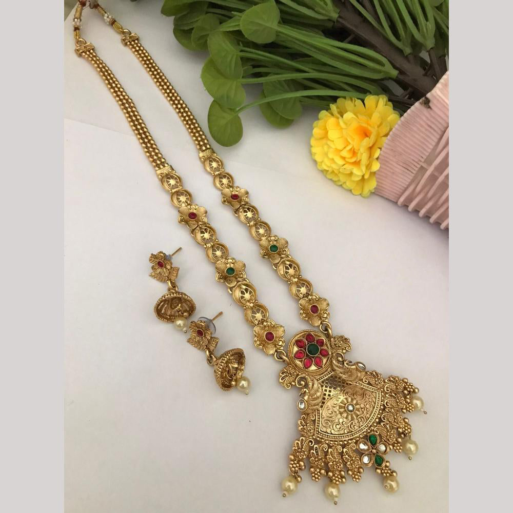 FS Collection Regal Pota Stone And Pearl Detailing Temple Long Necklace Set