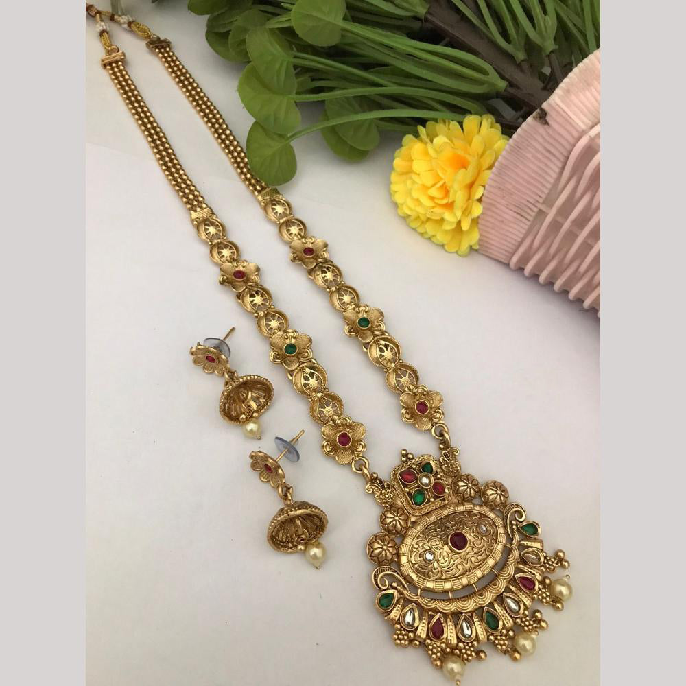 FS Collection Regal Pota Stone And Pearl Detailing Temple Long Necklace Set