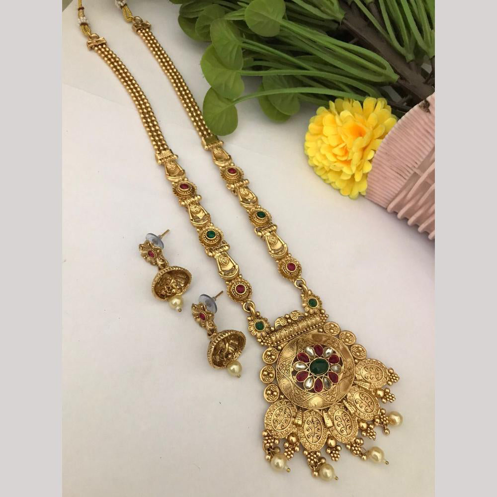 FS Collection Regal Pota Stone And Pearl Detailing Temple Long Necklace Set