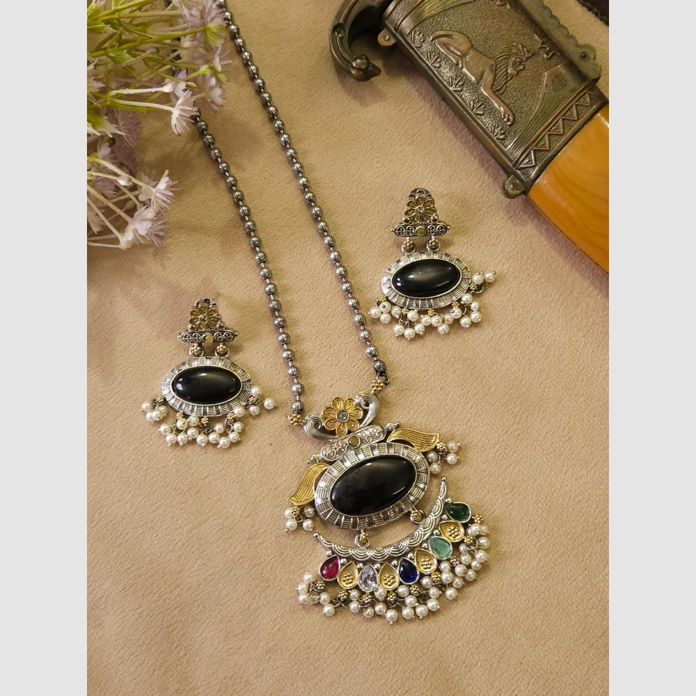 FS Collection Stylish Dual Tone Pota Stone And Pearl Long Necklace Set