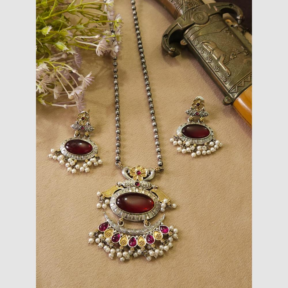FS Collection Stylish Dual Tone Pota Stone And Pearl Long Necklace Set