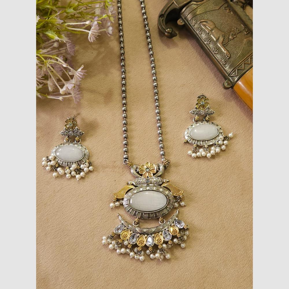 FS Collection Stylish Dual Tone Pota Stone And Pearl Long Necklace Set