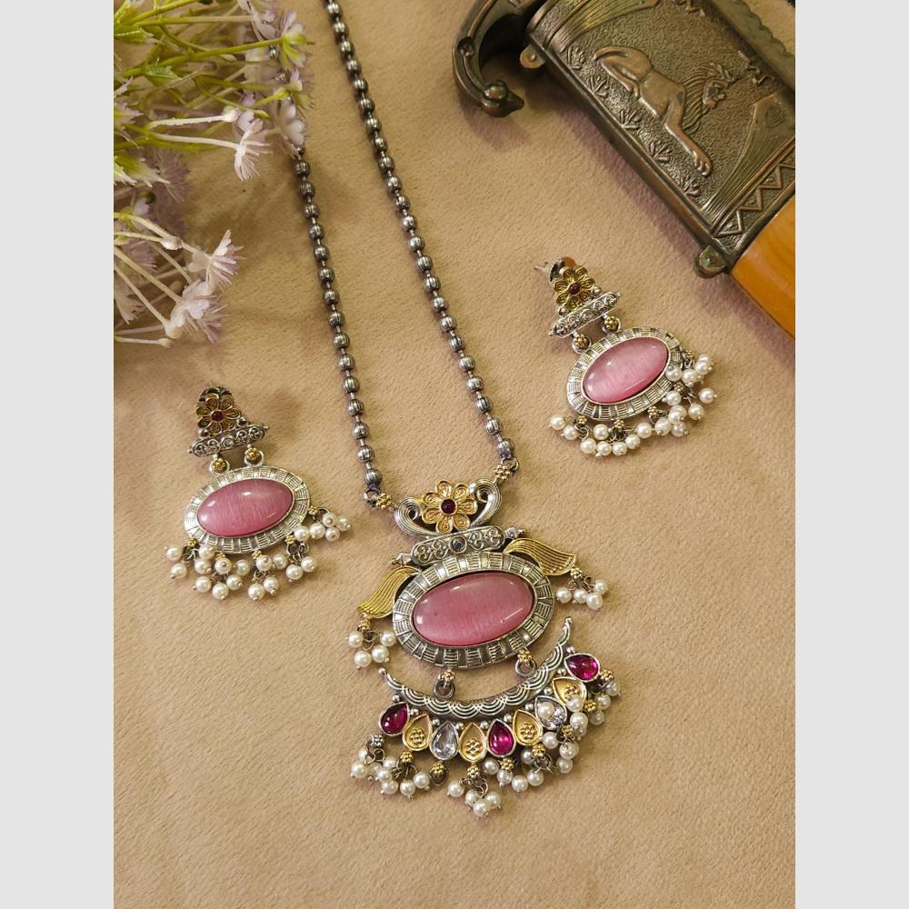 FS Collection Stylish Dual Tone Pota Stone And Pearl Long Necklace Set