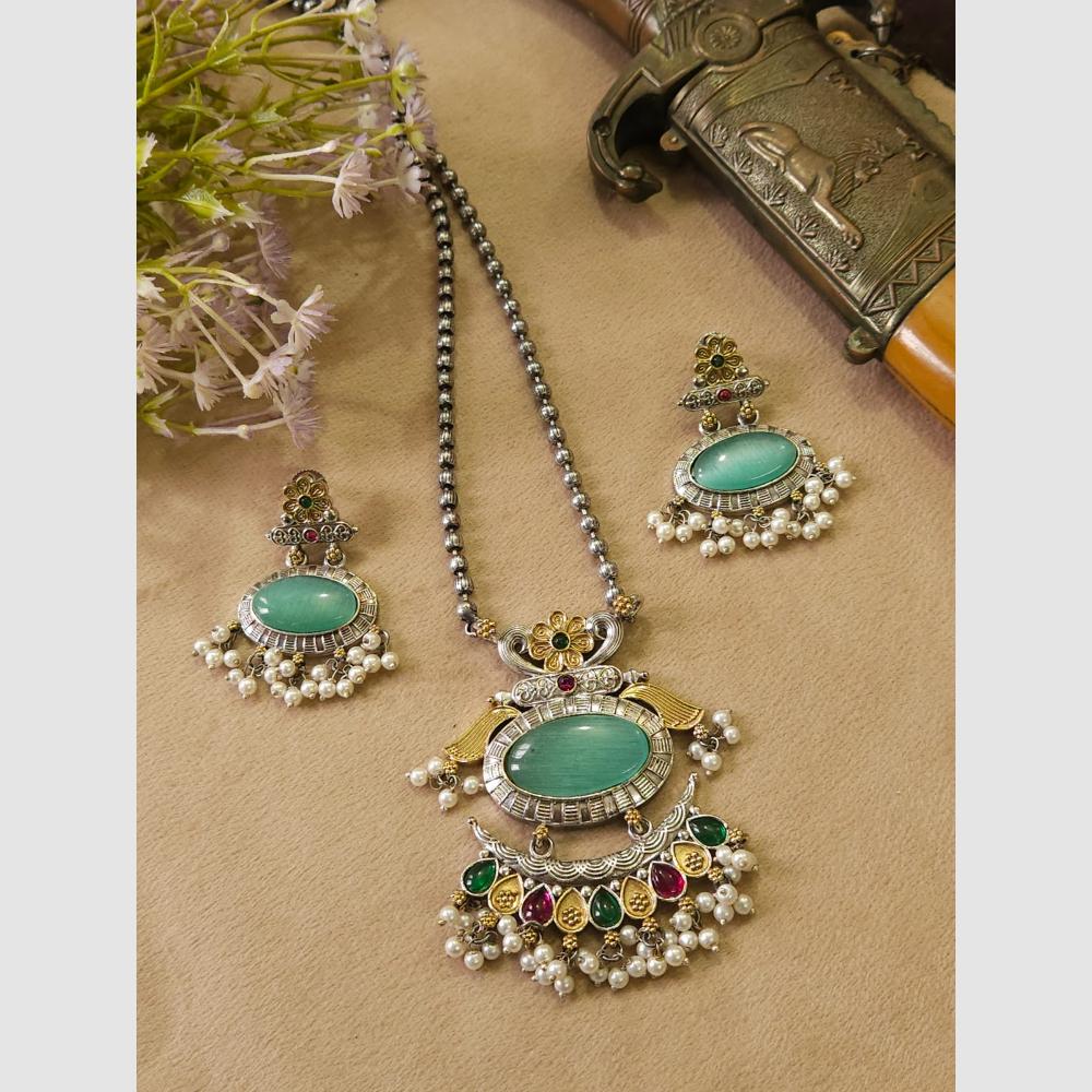 FS Collection Stylish Dual Tone Pota Stone And Pearl Long Necklace Set