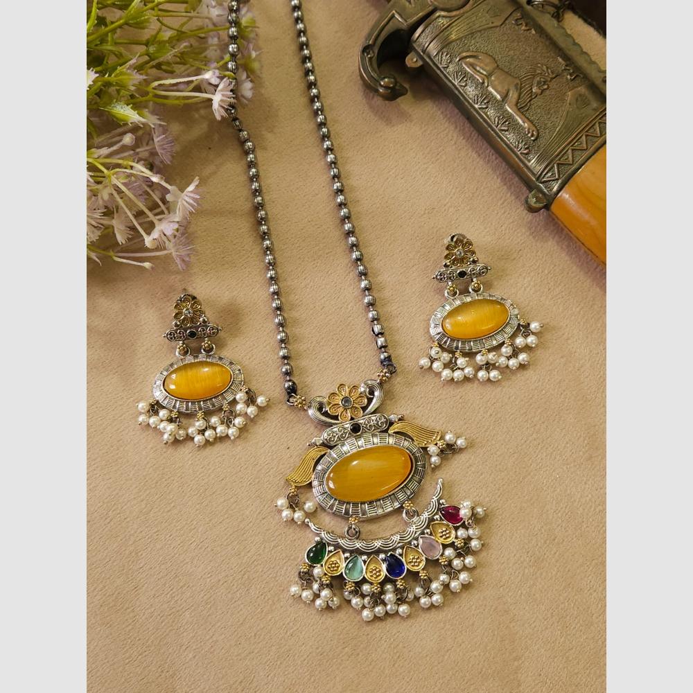 FS Collection Stylish Dual Tone Pota Stone And Pearl Long Necklace Set
