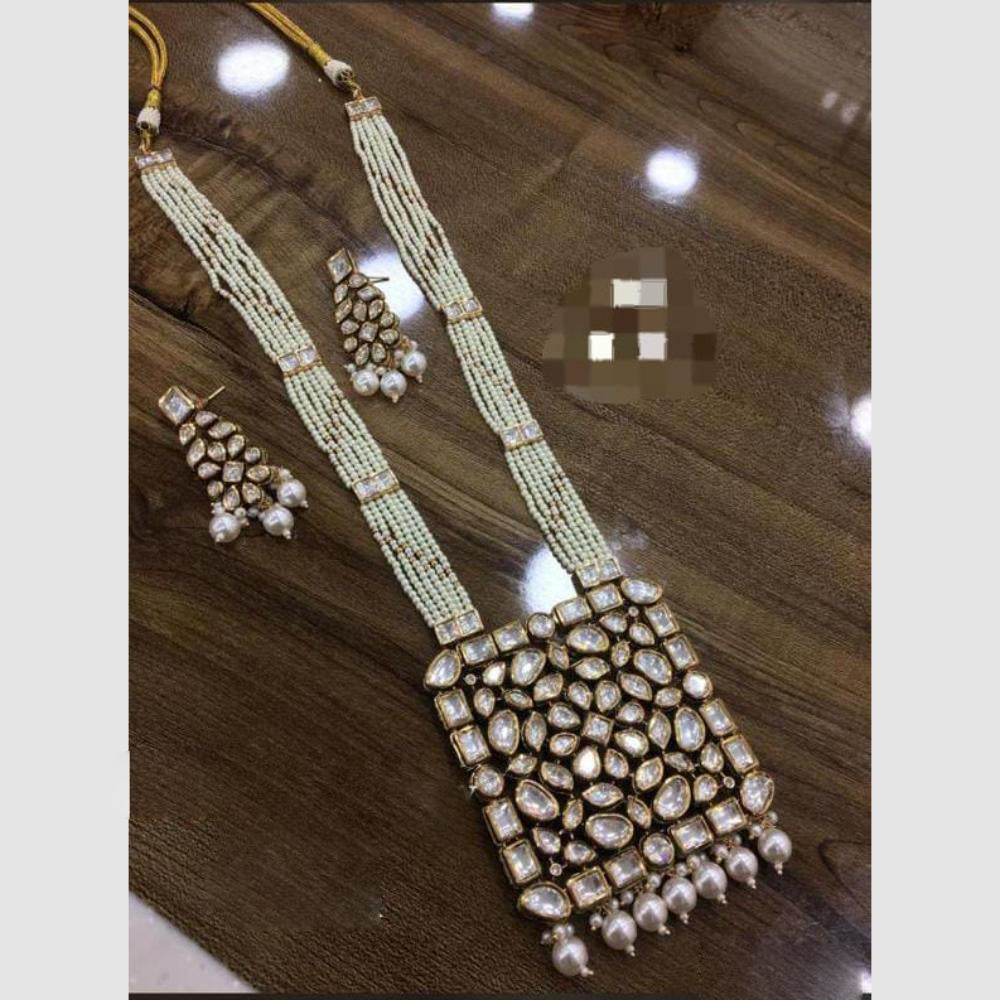 FS Collection Royal Kundan Stone And Multi Layer Pearl Long Necklace Set