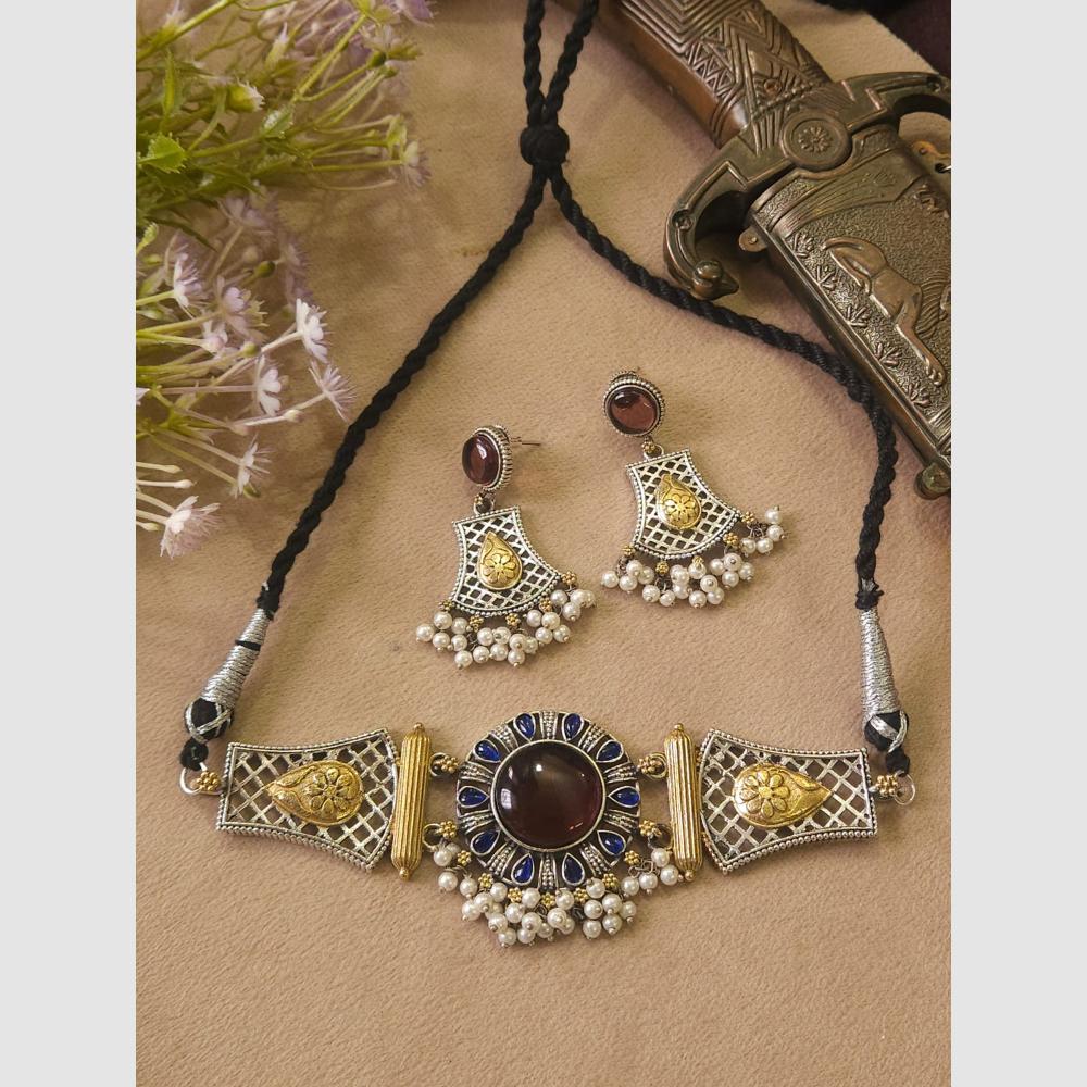 FS Collection Stylish Dual Tone Pota Stone And Pearl Choker Necklace Set