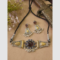 FS Collection Stylish Dual Tone Pota Stone And Pearl Choker Necklace Set