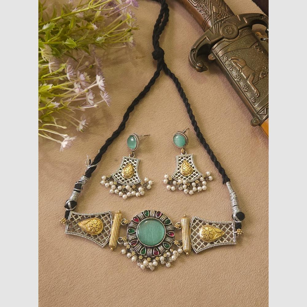 FS Collection Stylish Dual Tone Pota Stone And Pearl Choker Necklace Set