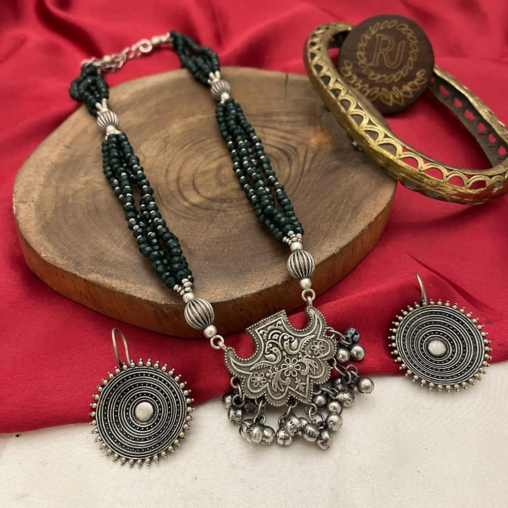 FS Collection Classic Oxidised Plated Pearl Jewellery Long Necklace Set
