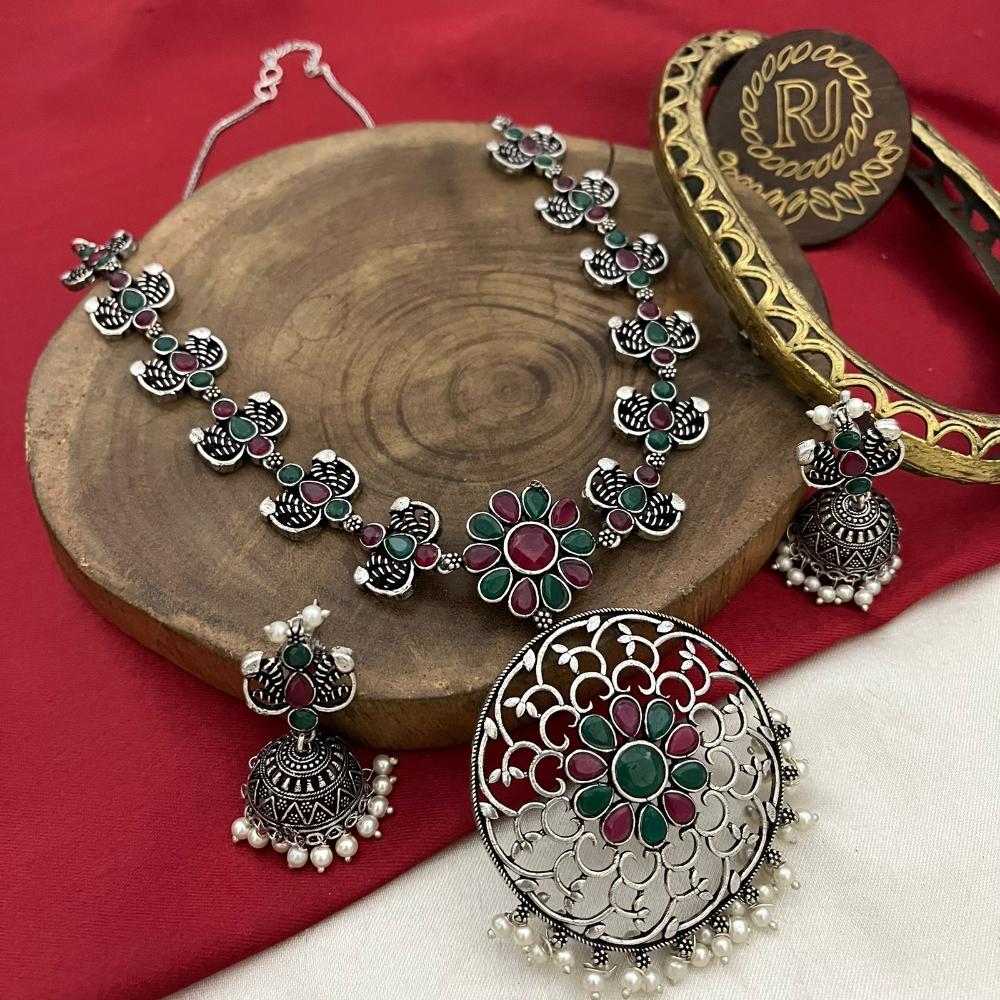 FS Collection Stylish Oxidised Finish Crystal Stone And Pearl Necklace Set