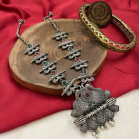FS Collection Classic Oxidised Plated Pota And Pearl Jewellery Long Necklace Set