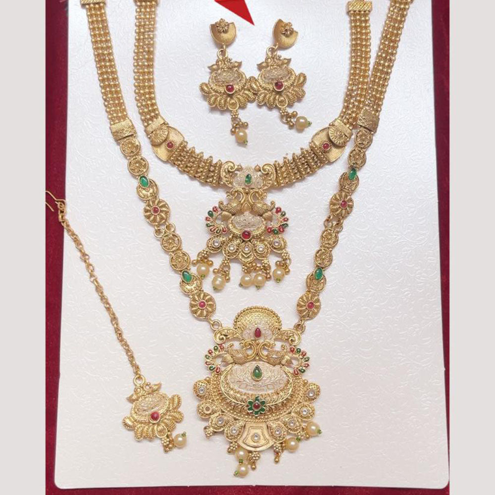 FS Collection Handcrafted Ethnic Pota Stones And Meenakari Double Necklace Set