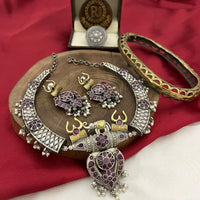 FS Collection Trishul Inspired Oxidised Necklace With Pota Stone And Pearl 