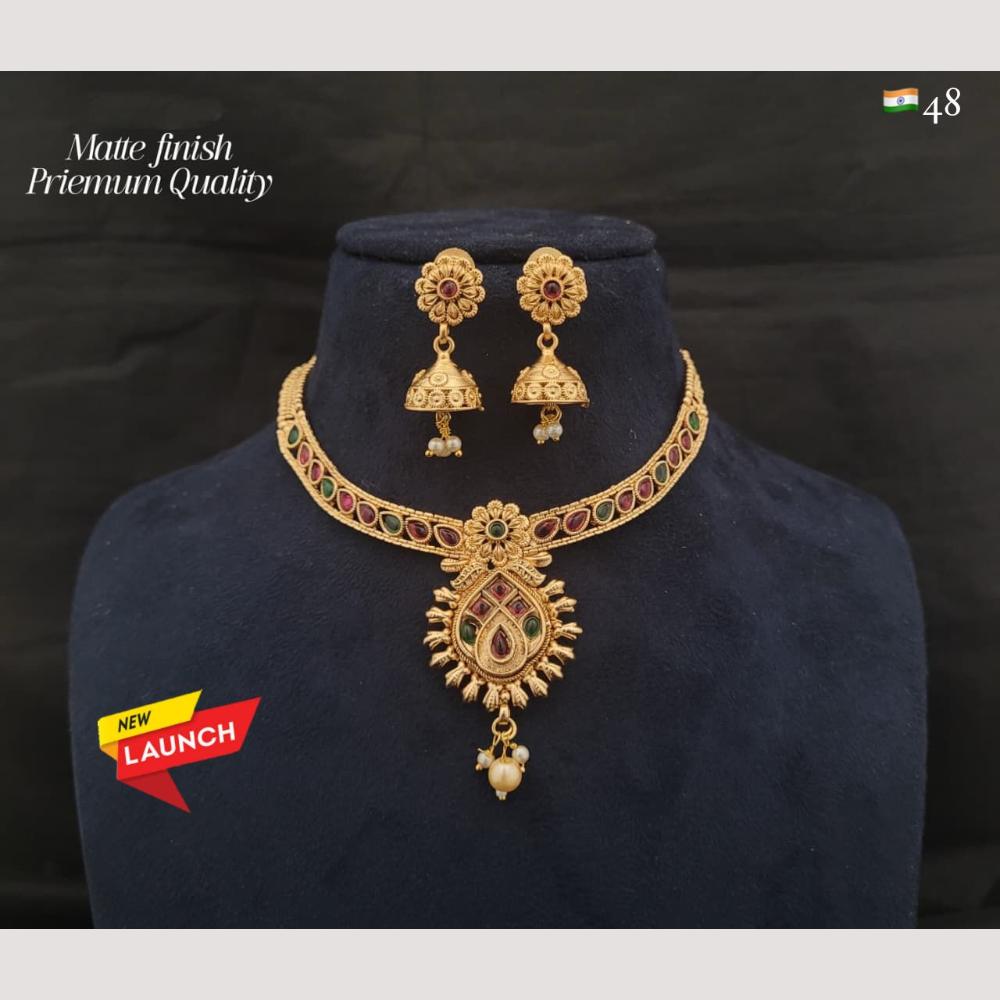 FS Collection Matte Finish Brass Necklace Set Embellished with Vibrant Pota Stones