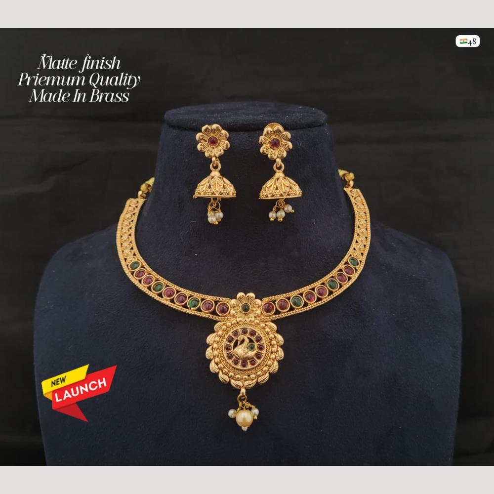 FS Collection Matte Finish Brass Necklace Set Embellished with Vibrant Pota Stones