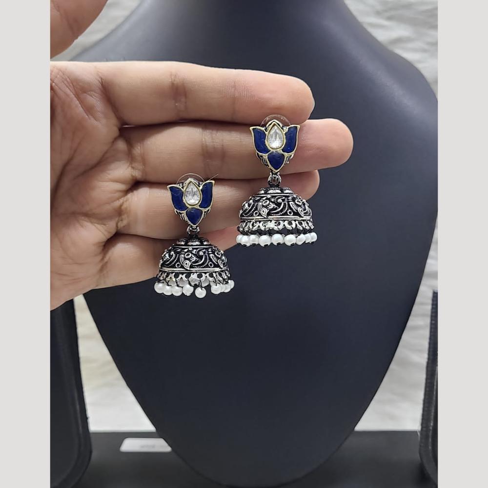 FS Collection Classic Oxidised Plated Kundan Work Jhumki Earrings