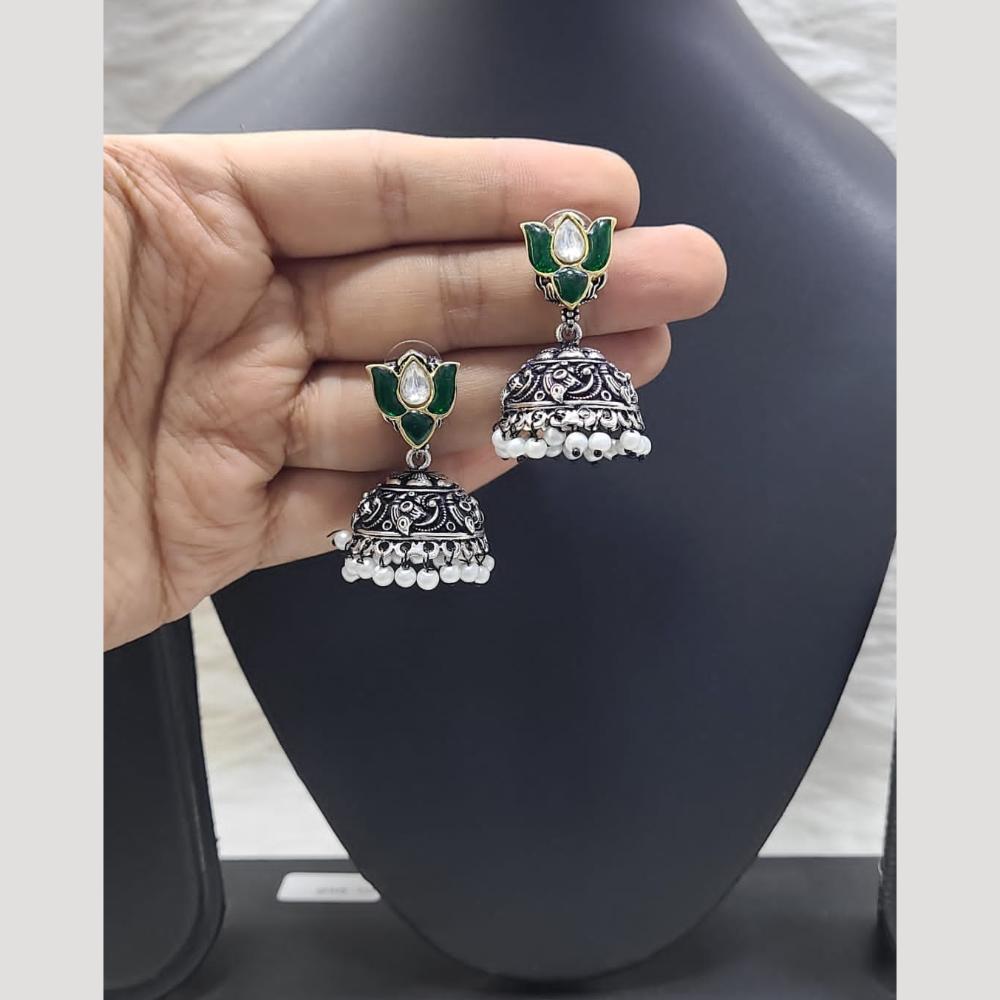 FS Collection Classic Oxidised Plated Kundan Work Jhumki Earrings