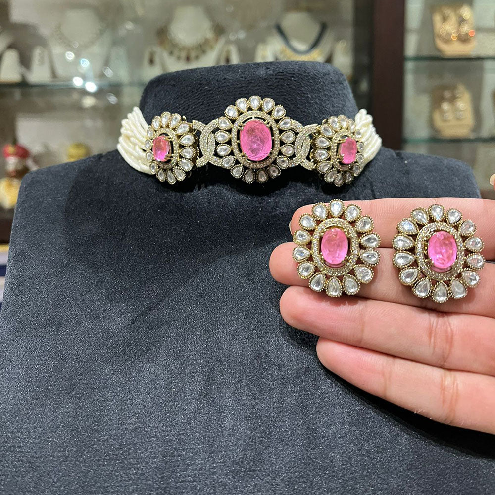 FS Collection Beautiful Crystal And Pearl Choker Necklace Set
