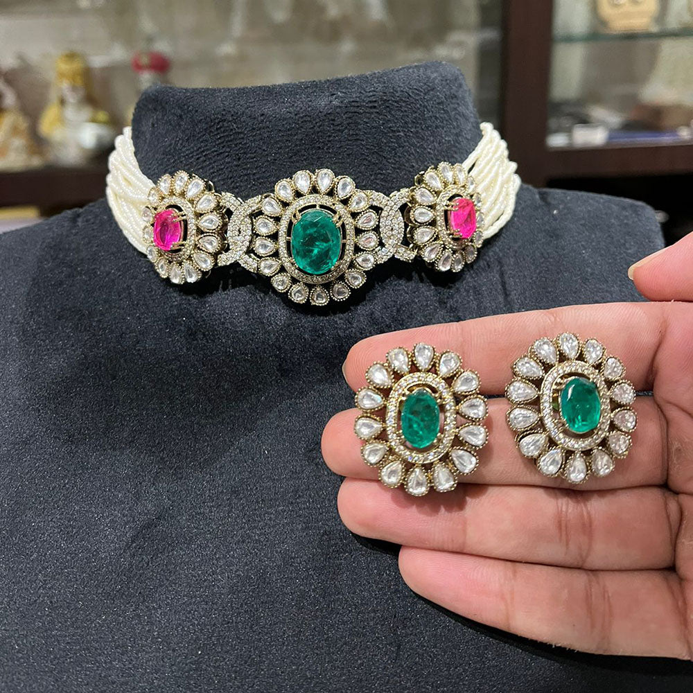 FS Collection Beautiful Crystal And Pearl Choker Necklace Set