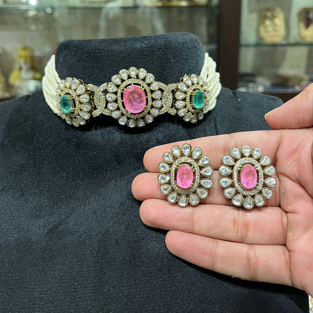FS Collection Beautiful Crystal And Pearl Choker Necklace Set