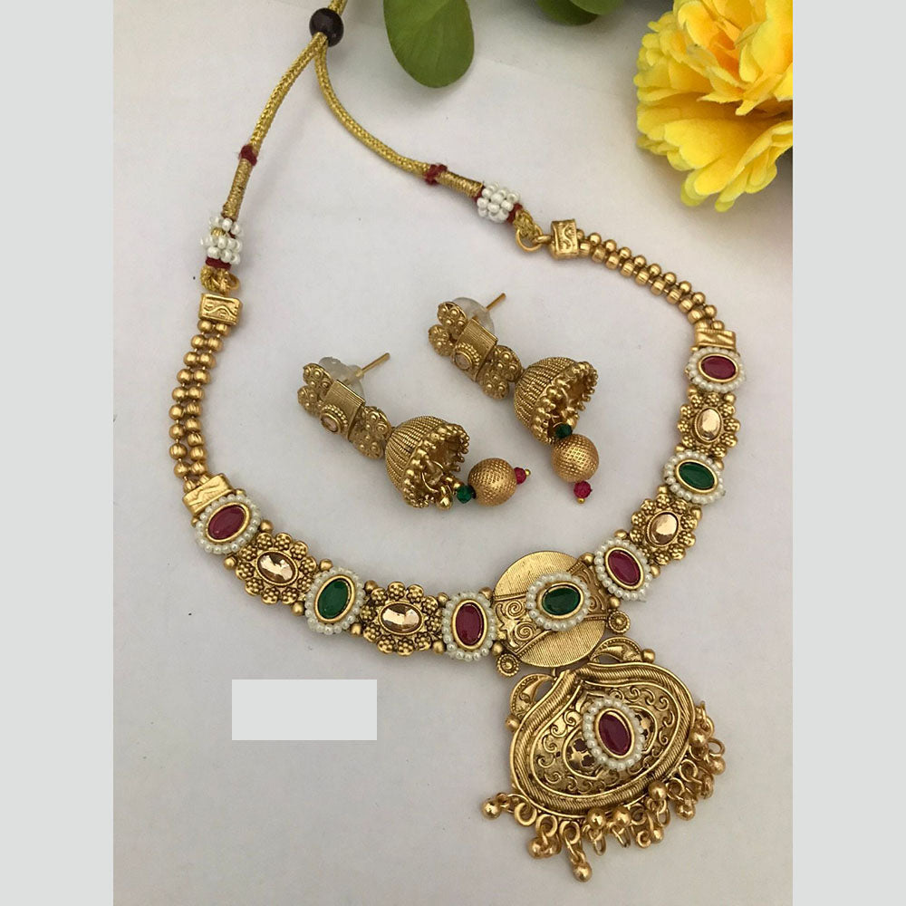 FS Collection Traditional Gold Plated Pota Stone Necklace Set For Wedding Occassions