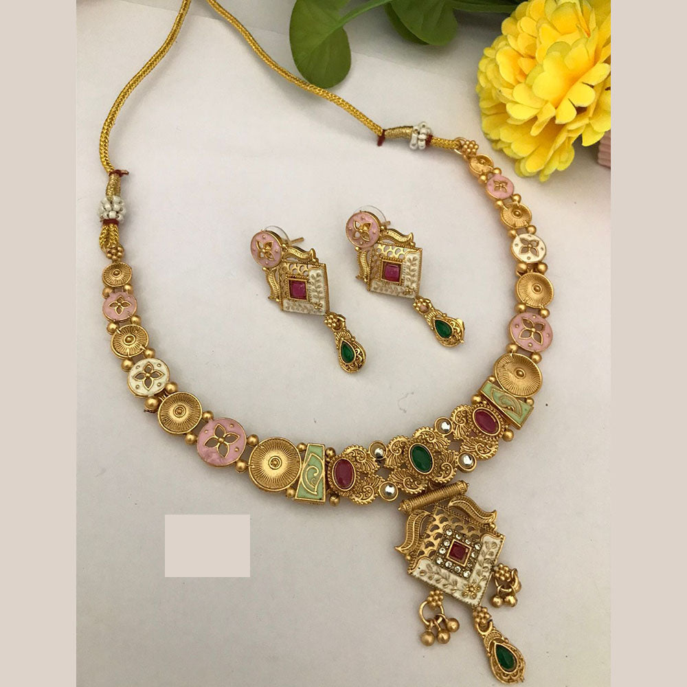 FS Collection Traditional Gold Plated Pota Stone Necklace Set For Wedding Occassions