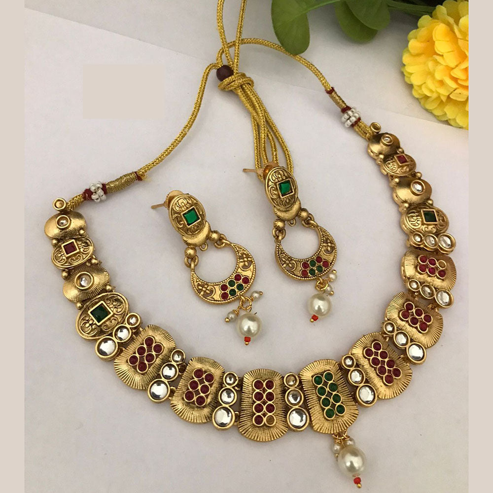 FS Collection Traditional Gold Plated Pota Stone Necklace Set For Wedding Occassions
