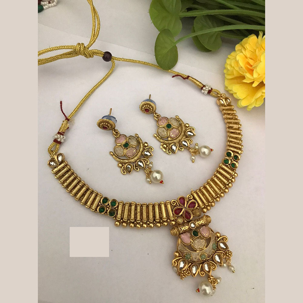 FS Collection Traditional Gold Plated Pota Stone Necklace Set For Wedding Occassions