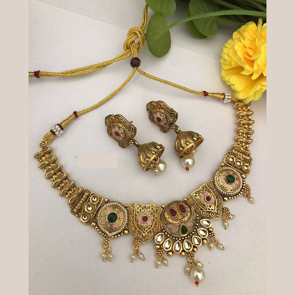 FS Collection Traditional Gold Plated Pota Stone Necklace Set For Wedding Occassions