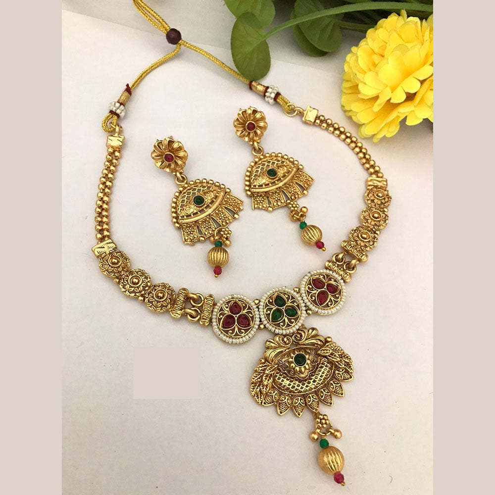 FS Collection Traditional Gold Plated Pota Stone Necklace Set For Wedding Occassions