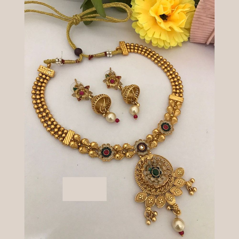 FS Collection Traditional Gold Plated Pota Stone Necklace Set For Wedding Occassions