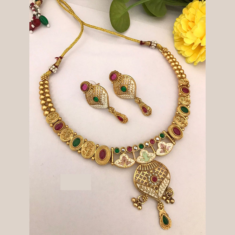FS Collection Traditional Gold Plated Pota Stone Necklace Set For Wedding Occassions