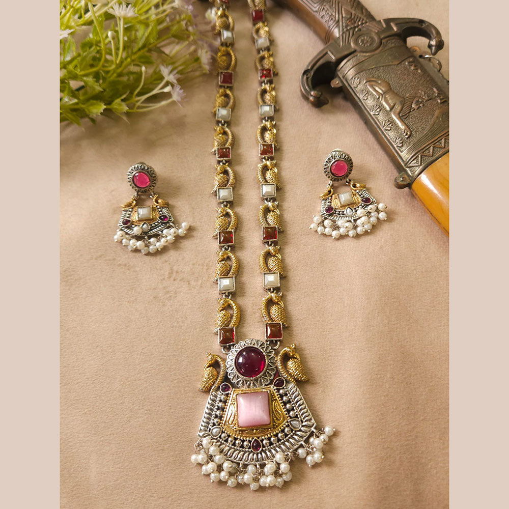 FS Collection Royal Monalisa Stone And Pearl Long  Necklace Set For Weddings And Parties