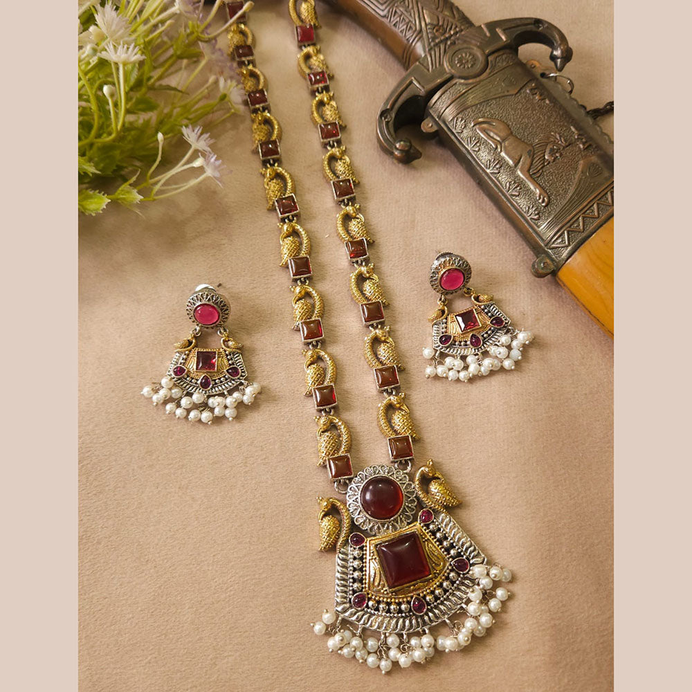 FS Collection Royal Monalisa Stone And Pearl Long  Necklace Set For Weddings And Parties