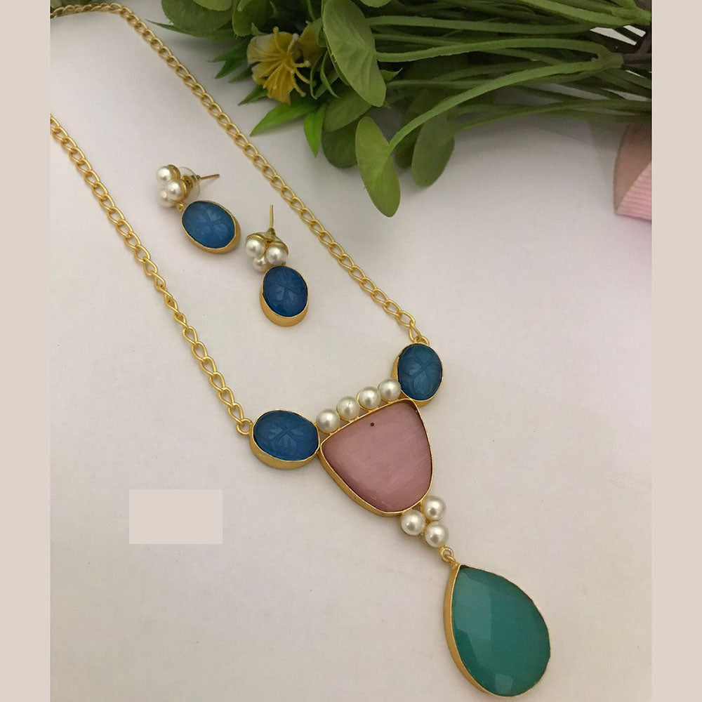 FS Collection Royal Monalisa Stone And Pearl Long  Necklace Set For Weddings And Parties